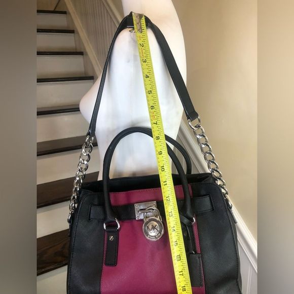 MICHAEL KORS Fuchsia & Black Saffiano Leather Satchel w Silver Chain Crossbody - Picture 7 of 17